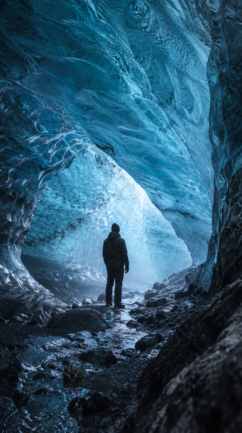 Blár jökulís flýtur í lóni undir köldum himni